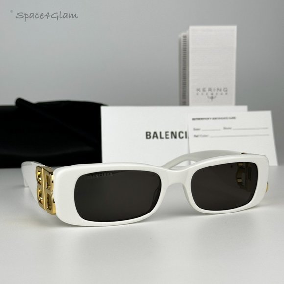 NEW Balenciaga BB0096S 011 White Gold Logo Grey Rectangle Unisex Sunglasses